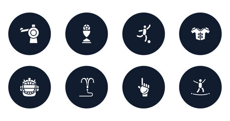 x treme filled icons set. flat filled icons sheet included pitching hine, football trophy, soccer game, protections, catcher mask, grappling hook, foam hand, highlining vector.