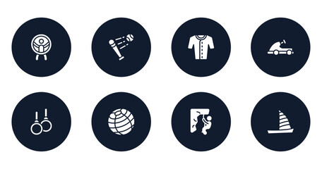Fototapeta premium extreme sports filled icons set. flat filled icons sheet included zorbing, battered ball, baseball jersey, go kart, gymnastic rings, fitness ball, abseiling, catamaran vector.