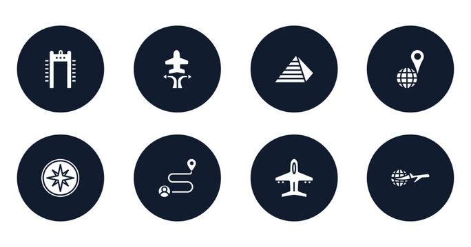 vacation filled icons set. flat filled icons sheet included airport security portal, airplanes and arrows, keops pyramid, geolocated place, compass with cardinal points, journey, plane diagonal,