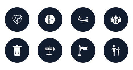 public services fill filled icons set. flat filled icons sheet included electrocardiogram inside heart, t junction, children on teeter totter, square hotel, trash, one way street, plain flag, father