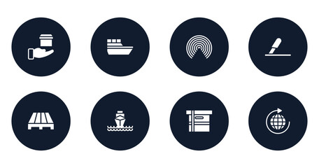 global logistic filled icons set. flat filled icons sheet included delivery in hand, sea ship, airdrop, use cutter, pallets, ocean transportation, small cardboard box, distribution vector.
