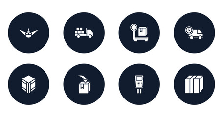 Fototapeta premium boxes filled icons set. flat filled icons sheet included air transport, loaded truck, parcel weight, logistics times, wooden crate, put in box, payment terminal, closed cardboard box with packing