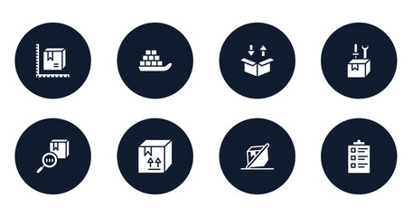 delivery filled icons set. flat filled icons sheet included parcel size, sea ship with containers, delivery packaging box, construction and tools, trackcode, cardboard box with fragile items, do not