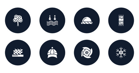season filled icons set. flat filled icons sheet included tree, tide, beanie, beach towel, crops, baseball cap, cyclone, frost vector.