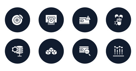 general filled icons set. flat filled icons sheet included disk brake, atm cash, credit risk, biotechnology, data engineering, ar platform, credit score, business performance vector.