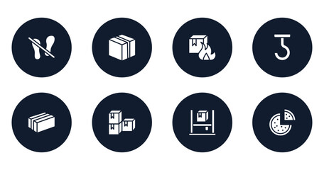 food delivery filled icons set. flat filled icons sheet included do not stand on, closed cardboard box, flammable box, use hooks, cardboard box with packing tape, stack package, asrs, pizzas vector.