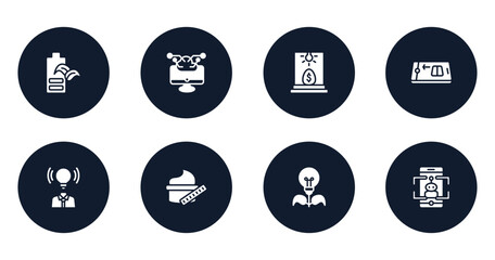 general filled icons set. flat filled icons sheet included eco battery, computing technology, business incubator, digital product, brand awareness, beauty care, energy efficiency, ar game vector.