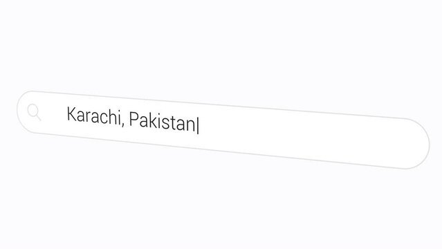 Typing Karachi, Pakistan In The Search Bar. City Of The Quaid. closeup