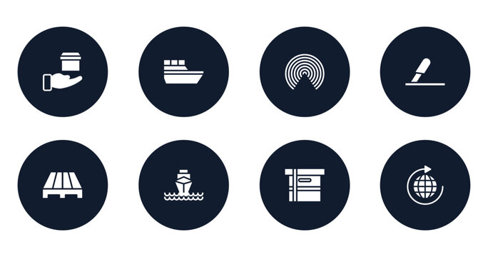 global logistic filled icons set. flat filled icons sheet included delivery in hand, sea ship, airdrop, use cutter, pallets, ocean transportation, small cardboard box, distribution vector.