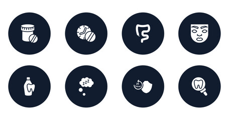 dentist filled icons set. flat filled icons sheet included dentist drugs container, medicines time, large intestine, face of a woman, dentist bottle with liquid, zzz sleep, 24 hours medical