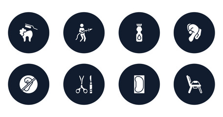 medicine filled icons set. flat filled icons sheet included brushing teeth, fireman, talcum powder, hearing aid, deaf, tool surgeon, bedpan, potty vector.