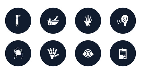 dentist filled icons set. flat filled icons sheet included dentists drill tool, natural herbs and a mortar for healing, hand showing palm, ear increase audio, long wavy hair, human hand bones, human