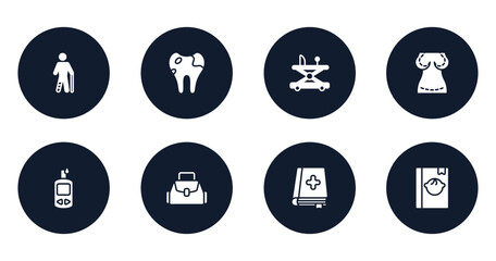 baby filled icons set. flat filled icons sheet included injured male, caries, baby walker, augmentation, glucometer, baby bag, medicine book, book vector.
