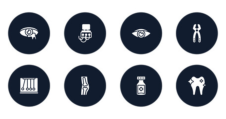 medical filled icons set. flat filled icons sheet included infection, dialysis, eyesight, tooth pliers, momentum, orthopedics, medicine jar, orthodontic vector.