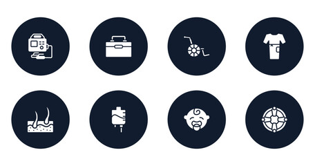emergencies filled icons set. flat filled icons sheet included defibrillator, organ container, handicap, patient robe, epidermis, iv, baby boy, life saver vector.