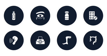 medical filled icons set. flat filled icons sheet included body oil, eyelid, vial, antibiotic, hearing, doctor briefcase, legs, intestine vector.