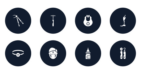 dentist filled icons set. flat filled icons sheet included forcep, neurology reflex hammer, baby bib, prothesis, head mirror, aesthetic, drop medicine, dental hook vector.