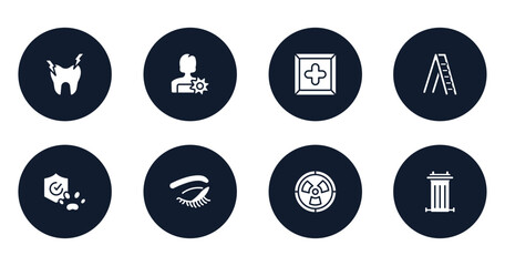 health filled icons set. flat filled icons sheet included hypersensitive, woman with flower, cross inside a square, mechanical ladder, pet insurance, closed eyes with lashes and brows, radioactive