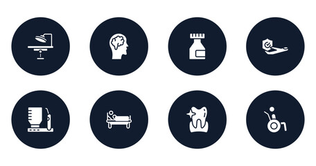 health filled icons set. flat filled icons sheet included operating room, brain inside human head, medicine flask, travel insurance, dental irrigator, patient in hospital bed, whitening, wheelchair