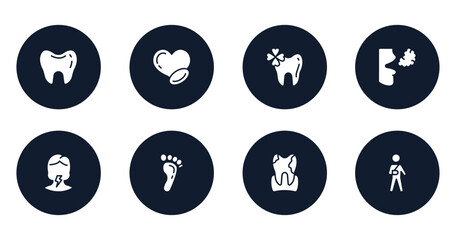 health filled icons set. flat filled icons sheet included teeth black shape, medicine for heart, trebol, bad breath, sore throat, human footprints, plaque, wounded man vector.