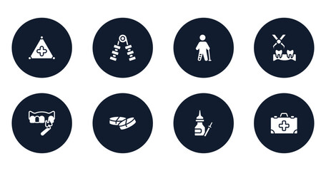 medicine filled icons set. flat filled icons sheet included warning triangular, hand grip, injured leg of man, extraction, veneer, medicine tablets, drops of medicine, kit with first aid vector.