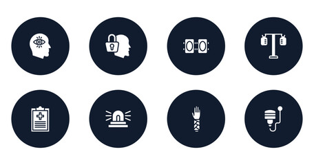 medical services filled icons set. flat filled icons sheet included obsession, secret, knee pad, iv pole, medical result, ambulance lights, splint, ultrasound vector.