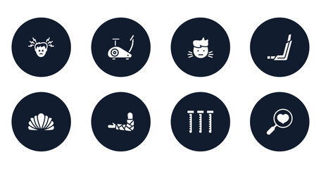 medicaments filled icons set. flat filled icons sheet included headache, stationary bike, sick boy, inhalator, mollusc, broken hand, sample tube, health check vector.