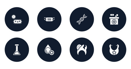 baby filled icons set. flat filled icons sheet included bacterium, medical mask, adn, medicine box, medical lab, platelet, decayed, bib vector.