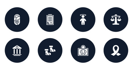 medical services filled icons set. flat filled icons sheet included pediatrics, admision form, dizzy, weigh scale, blood bank, baby socks, body weight, funeral vector.