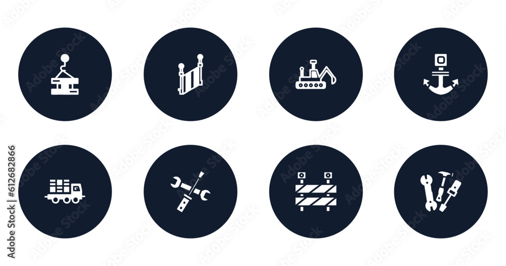 Poster constructicons filled icons set. flat filled icons sheet included derrick with pallet, stairs side v