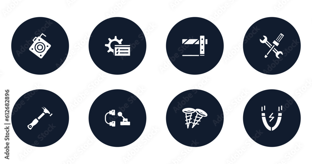 Poster constructicons filled icons set. flat filled icons sheet included roulette with button, tools window