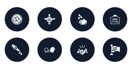 filled icons set. flat filled icons sheet included wet, virus, washing hand, stay home, dropper, virus transmission, handshake, china vector.