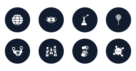 filled icons set. flat filled icons sheet included world, face mask, flask, loupe, distance, crowd, handwash, coronavirus vector.