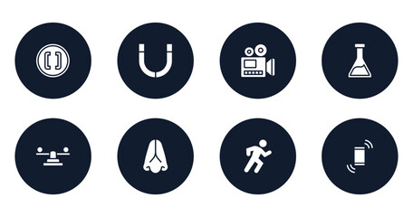 chemistry filled icons set. flat filled icons sheet included brackets, magnets, documentary, erlenmeyer, balancer, body part, physical, shake vector.