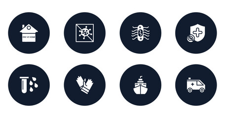 filled icons set. flat filled icons sheet included stay at home, antiviral, e coli, immune, blood, gloves, cruise, ambulance vector.