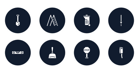 cutting tool filled icons set. flat filled icons sheet included long shovel, ladder open, dumpster, knife file, level gauge, dustpan, stopping, cleaver vector.