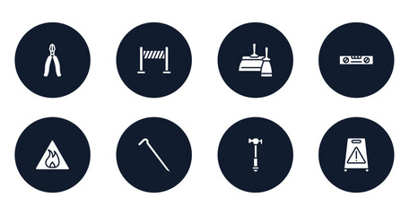 housekeeping filled icons set. flat filled icons sheet included big pliers, road panel, two spatulas, balance ruler, inflamable, crowbar, hammer facinf left, wet floor vector.