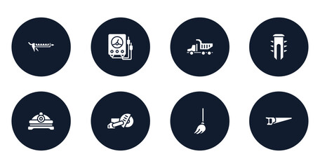 housekeeping filled icons set. flat filled icons sheet included sealant, electric gauge, tipper truck, dyupel, torch helmet, big saw, mop, vector.