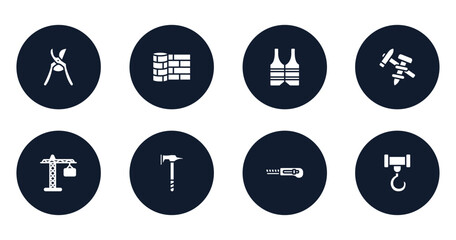 tools and hinery filled icons set. flat filled icons sheet included pruning shears, linoleum, reflective vest, construction tools, tall crain, battle axe, cutter facing left, crane hook vector.