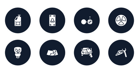 car repair filled icons set. flat filled icons sheet included jerrycan, switch on, open compass, radiation, ecologic light bulb, windshield, car painting, headlight vector.