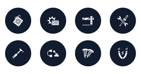 constructicons filled icons set. flat filled icons sheet included roulette with button, tools window, road barrier, wrench and screwdriver cross, hammer tool, hinery parts, two screws, inclined