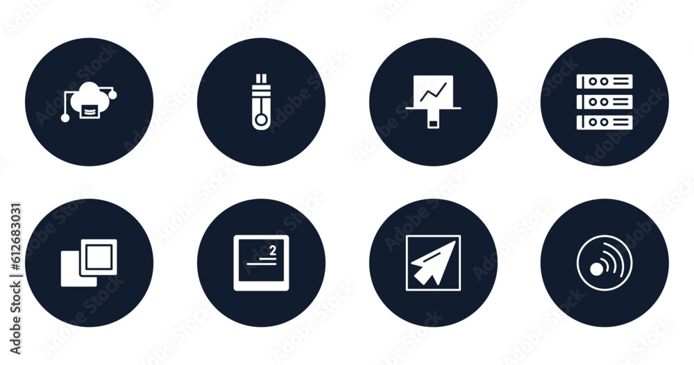 Poster computer and media filled icons set. flat filled icons sheet included cloud computing servers, memor