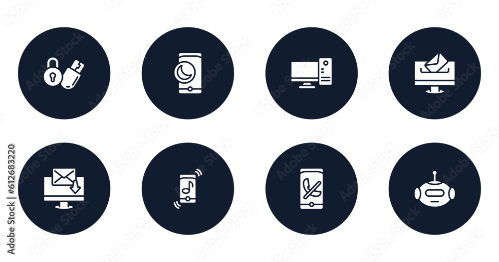Poster internet of thing filled icons set. flat filled icons sheet included locking, half moon, desktop com