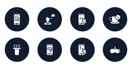 electronic device filled icons set. flat filled icons sheet included 4g, thoughtful, swipe down, coffee break, press conference, battery charge, swipe up, virtual reality glasses vector.