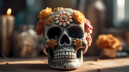 Ritual Mexican skull decorated with colorful flowers, straight view.