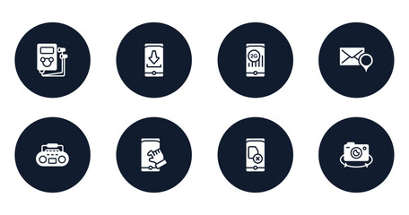 electronic device filled icons set. flat filled icons sheet included , install, 2g, addressee, tape player, pinch, no, rotate camera vector.