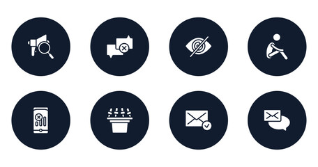discussion filled icons set. flat filled icons sheet included expertise, calm, hide, lonely, no, tribune, message received, emails vector.