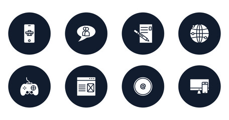 responsive design filled icons set. flat filled icons sheet included buying on smartphone, chat group, write letter, worlwide transmission, joypad, landing page, arroba, responsive de vector.