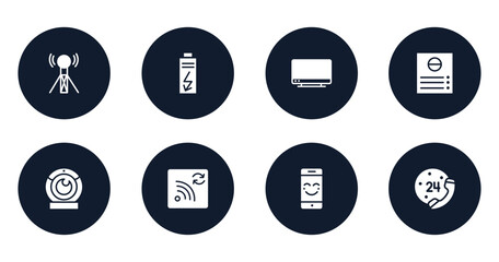 phone icons filled icons set. flat filled icons sheet included wireless connectivity, charge, tv screen, intercom, web camera, refresh wifi, smartphone with a smile, telephone line 24 hours service