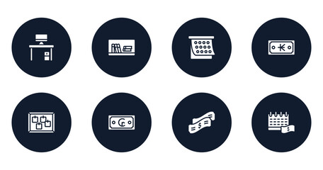 finance filled icons set. flat filled icons sheet included personal computer, book shelf, sticky note, kip, cork board, cruzeiro, dollar bill, pay day vector.